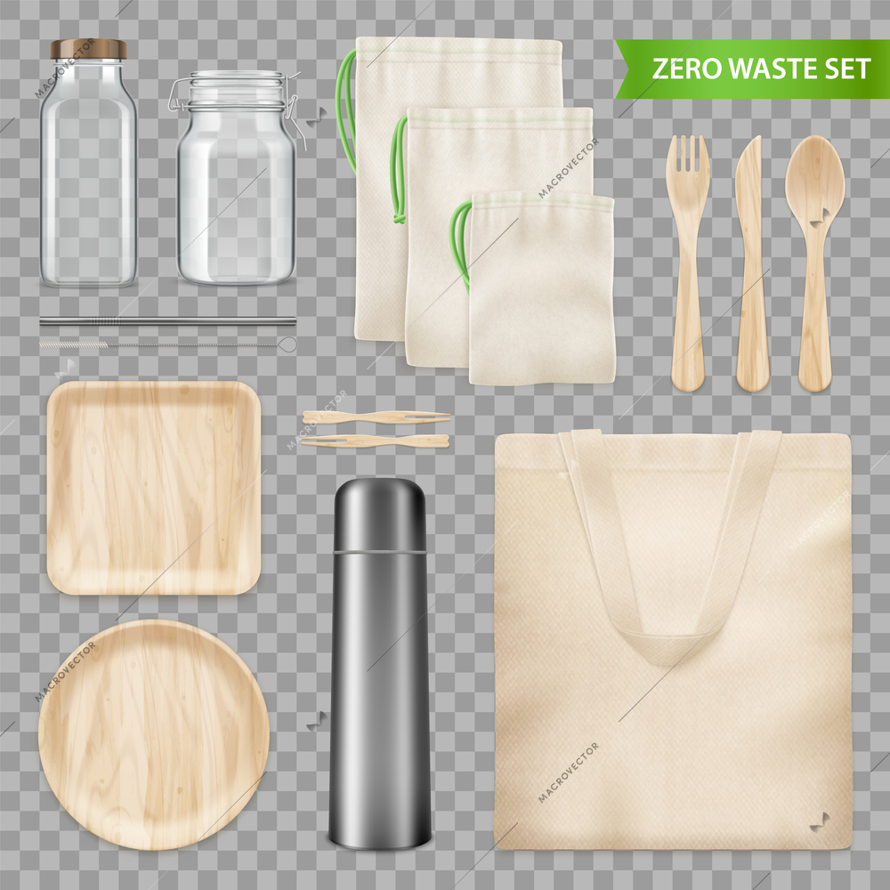 Zero waste ecological kitchen accessories realistic set canvas bag wooden plates cutlery transparent background vector illustration