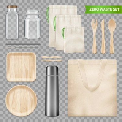 Zero waste ecological kitchen accessories realistic set canvas bag wooden plates cutlery transparent background vector illustration