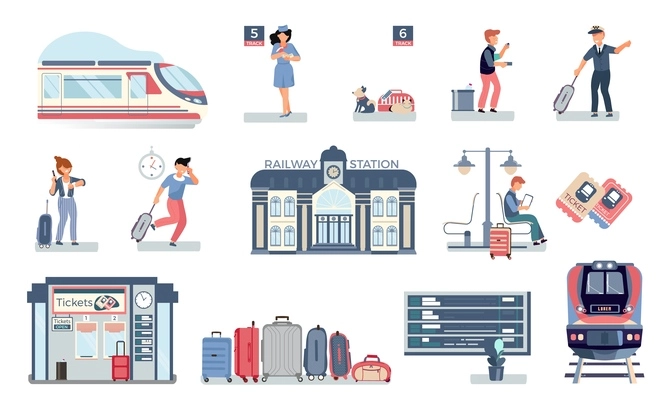 Railway station set with flat icons of trains and people on platforms with tickets and baggage vector illustration