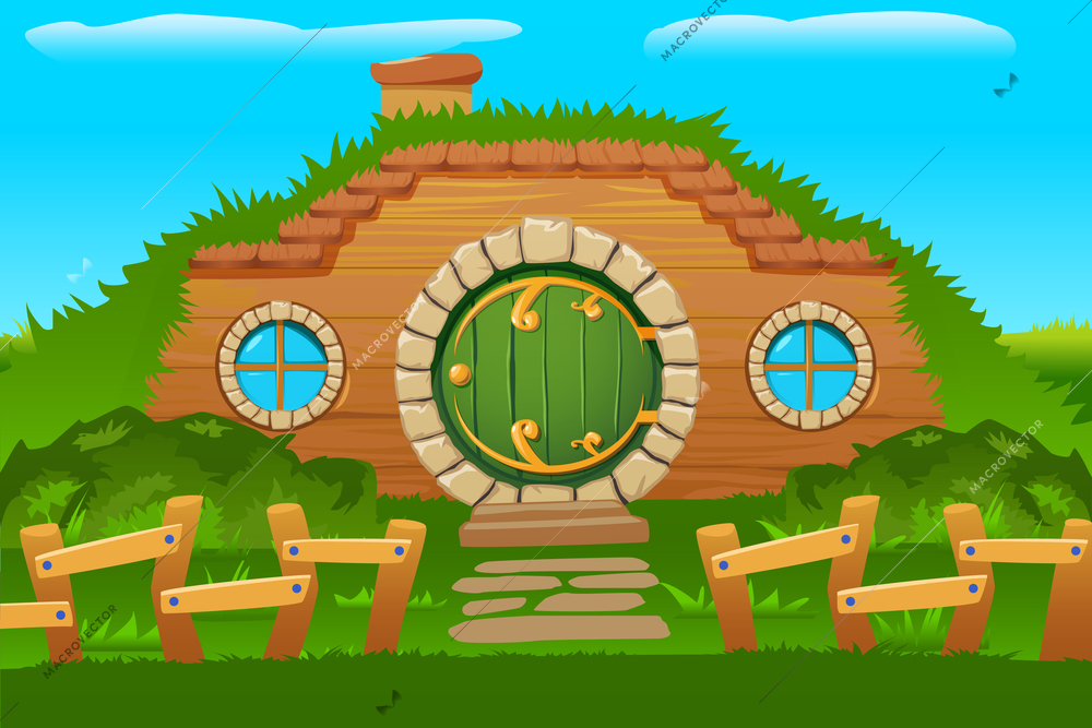 Cartoon doors composition with outside view of hobbit house built in hill side with round windows vector illustration