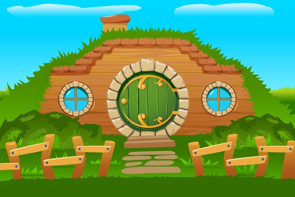 Cartoon doors composition with outside view of hobbit house built in hill side with round windows vector illustration