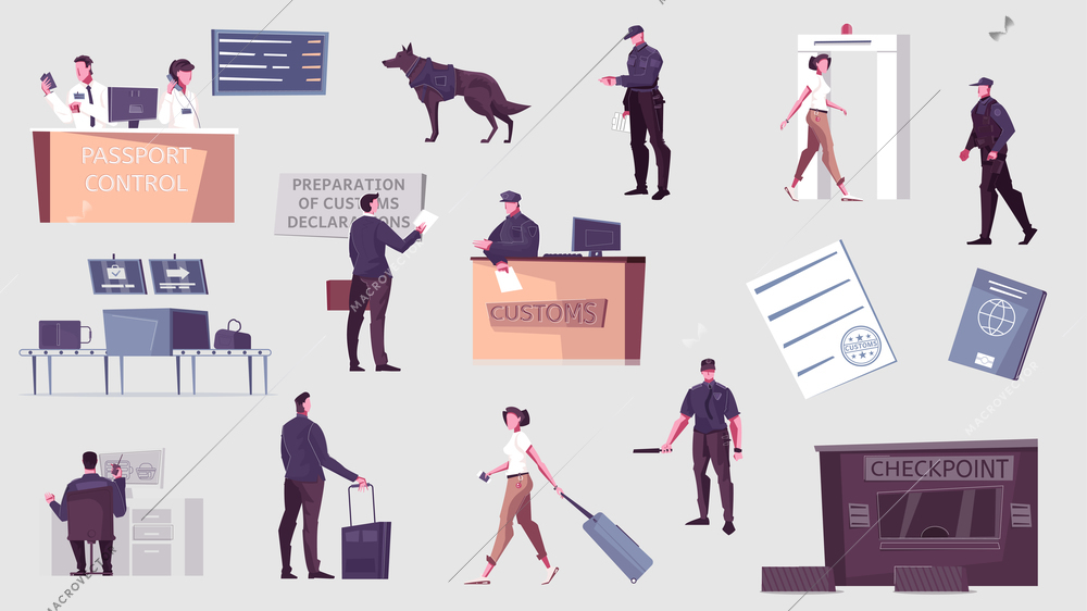 Customs control set with flat icons and isolated human characters of border guards officers and passengers vector illustration