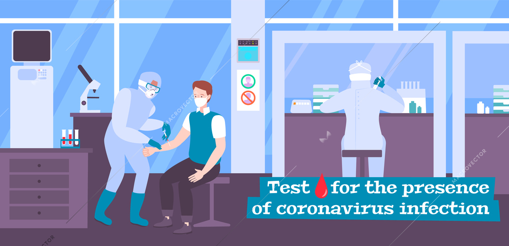 Coronavirus infection testing flat background with patient giving blood for analysis and virologist working in lab vector illustration