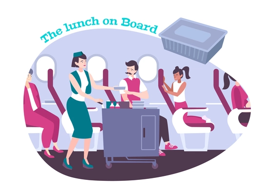 Airplane lunch flat vector illustration with passengers and stewardess in uniform with trolley for food and beverages