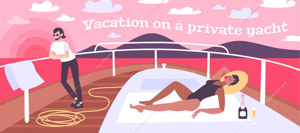 Rich people flat composition illustrated vacation of young couple on private yacht vector illustration