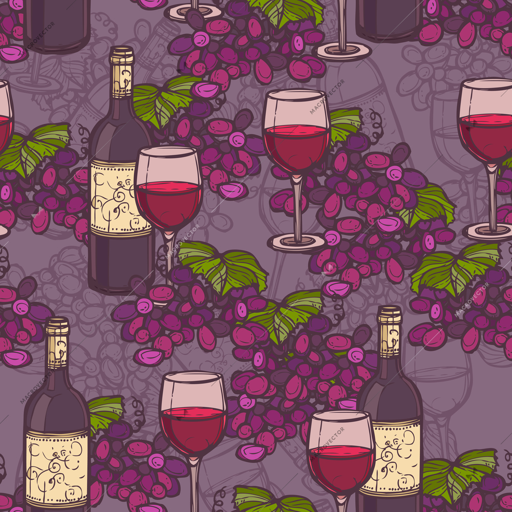 Wine sketch seamless pattern with glass bottle and grape branch vector illustration.