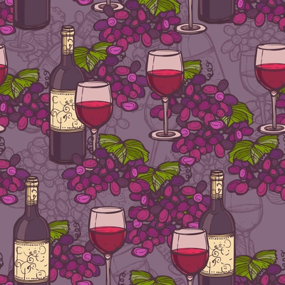 Wine sketch seamless pattern with glass bottle and grape branch vector illustration.