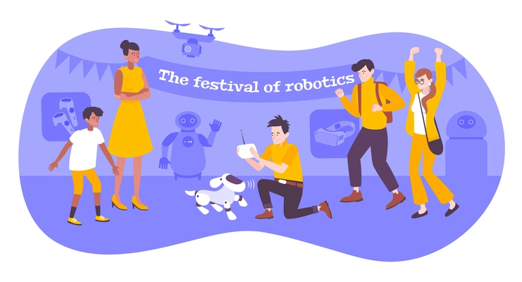 Festival of robotics flat composition with male character demonstrating motion control of  robot dog vector illustration