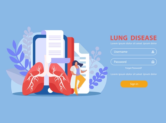 Human lungs doctor medical card and log in form on blue background flat vector illustration