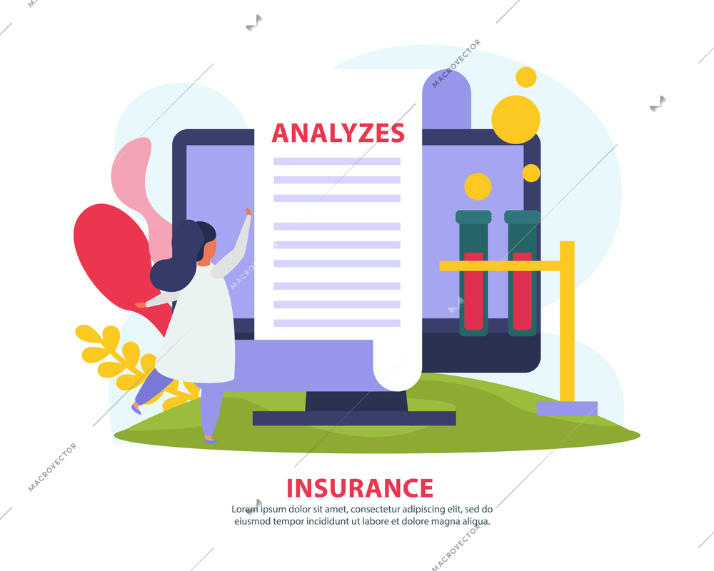 Health insurance background with online medical analysis result flat vector illustration