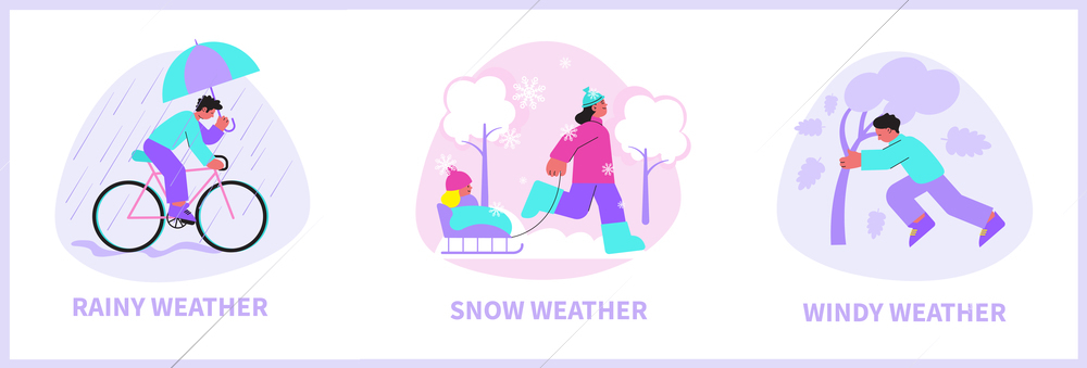 Flat compositions with people walking riding bike sleighing in rainy snowy windy weather isolated vector illustration