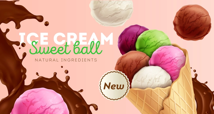 Ice cream sweet colorful balls with natural ingredients new dessert with chocolate splash realistic composition vector illustration