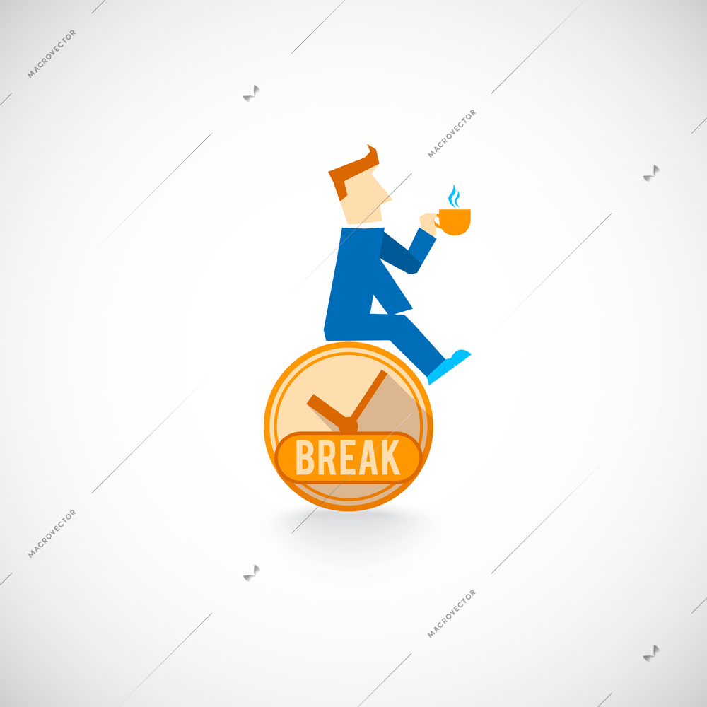 Strategic work day planning time management symbol flat icon with employee coffee break symbol abstract vector illustration