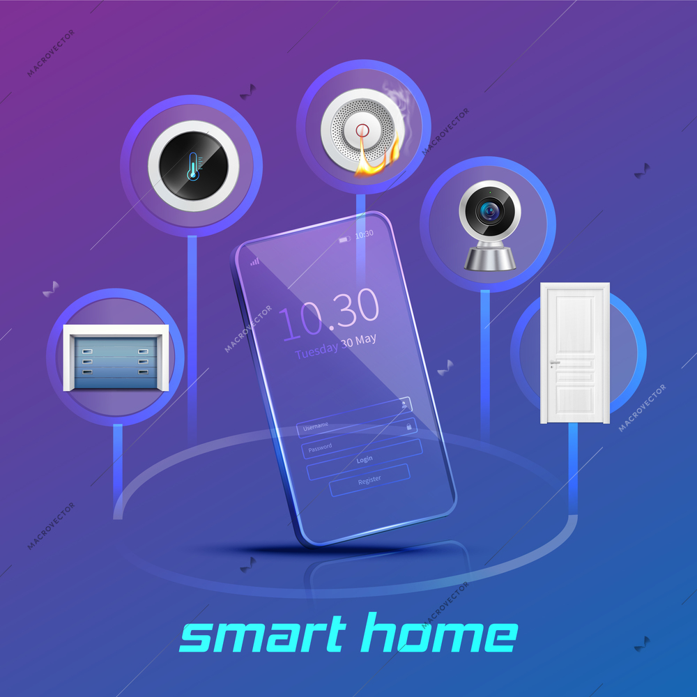 Smart home devices control and monitoring system using smartphone realistic composition violet blue gradient background vector illustration
