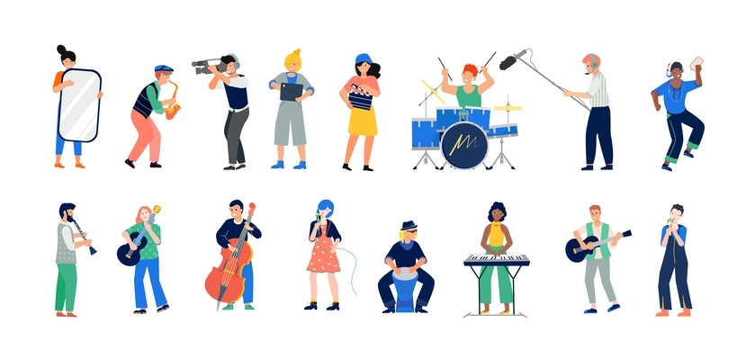 Music band set with flat human characters of instrumental musicians singers and video shooting crew members vector illustration