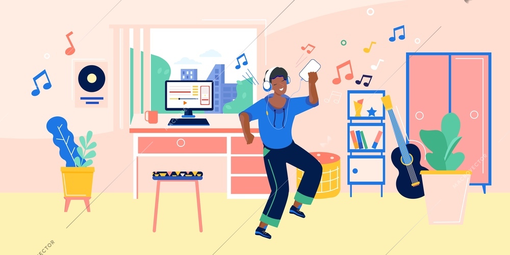 Music smartphone flat composition with living room scenery and dancing person with headphones and musical notes vector illustration