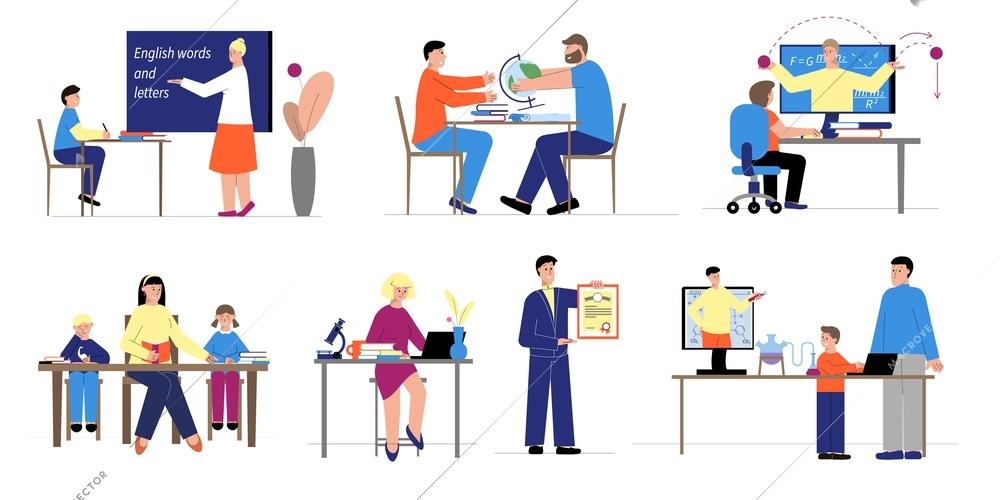 Tutoring set with flat compositions of people at desks and computers during education process remote learning vector illustration