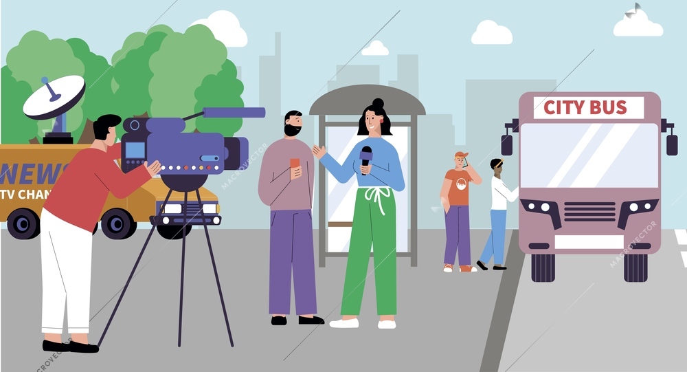 Reporter news flat composition with outdoor cityscape and city bus stop with reporters and camera operator vector illustration