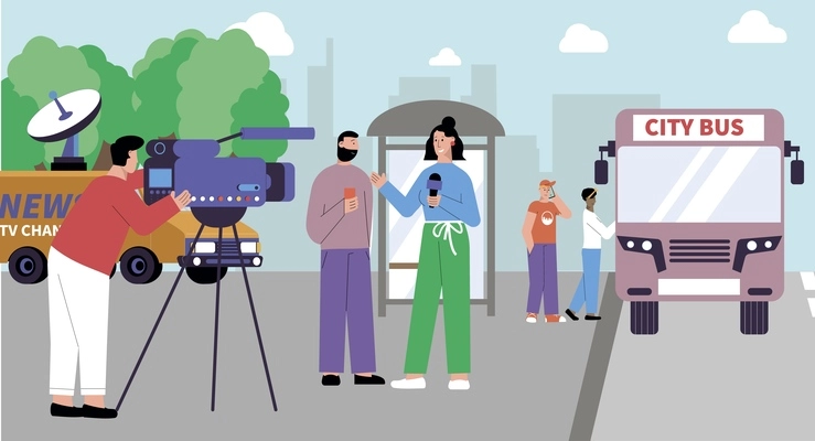 Reporter news flat composition with outdoor cityscape and city bus stop with reporters and camera operator vector illustration