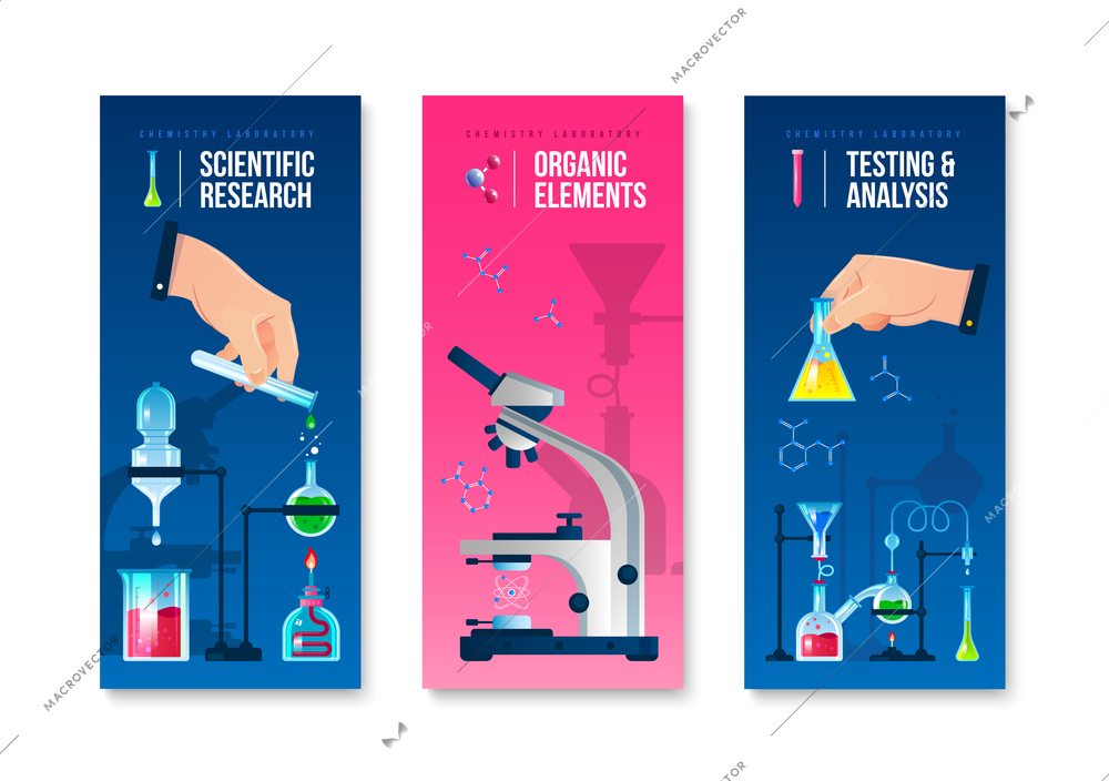 Laboratory scientific research and analysis vertical banners set with microscope and flasks flat isolated vector illustration