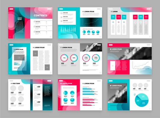 Business brochure template set with text field diagram graph isolated on grey background flat vector illustration