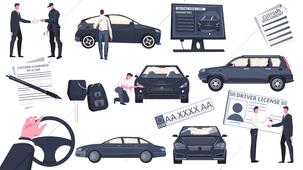 Used auto sale set of isolated icons and flat images of automobiles with people and paperwork vector illustration