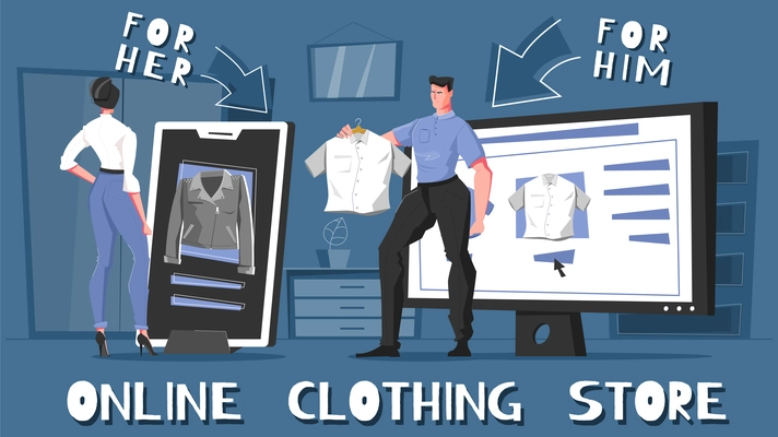 Online clothing store flat composition with for him and for her stores vector illustration