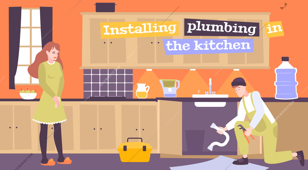 Plumbing installation flat composition with text and indoor kitchen interior scenery with plumber setting sink up vector illustration