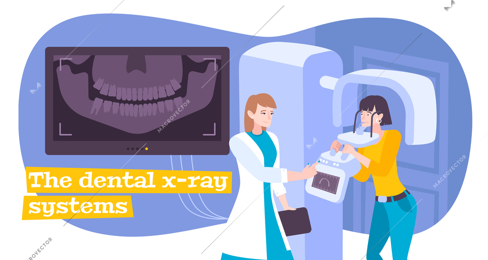 Dental x-ray flat composition with text and view of dental radiograph with people and text vector illustration