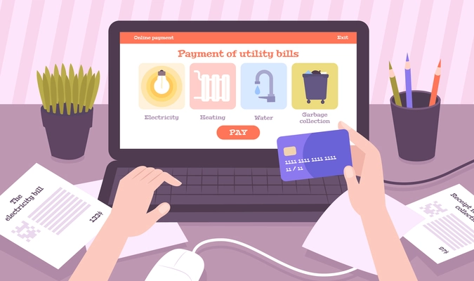 Online payment utilities flat composition with view of workspace and hands holding credit card with laptop vector illustration