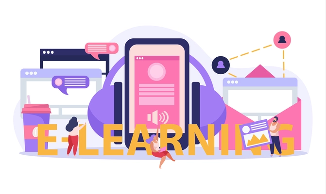 E-learning home schooling flat composition with text surrounded by windows and messaging bubbles with people vector illustration