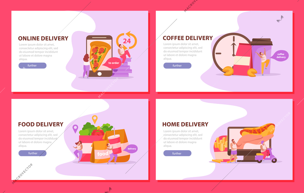 Food delivery 4x1 set of horizontal banners with images of electronic gadgets fastfood images and text vector illustration