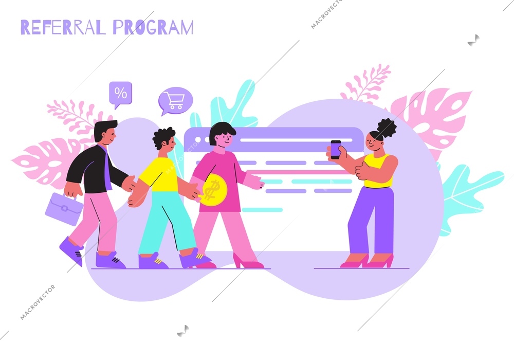 Referral program promotion method  with group of customers holding hands and walking to girl with smartphone flat vector illustration