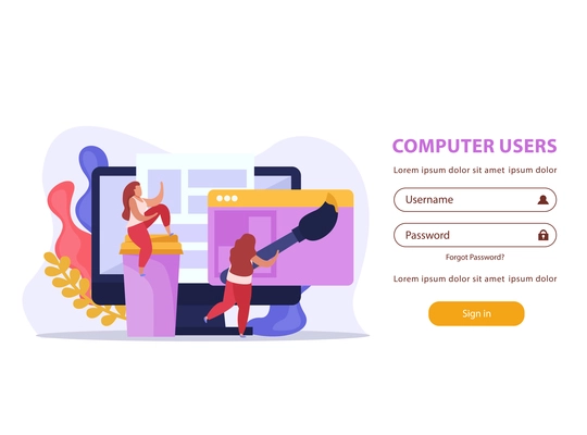 Computer users flat background for login page with username and password fields and web design images vector illustration