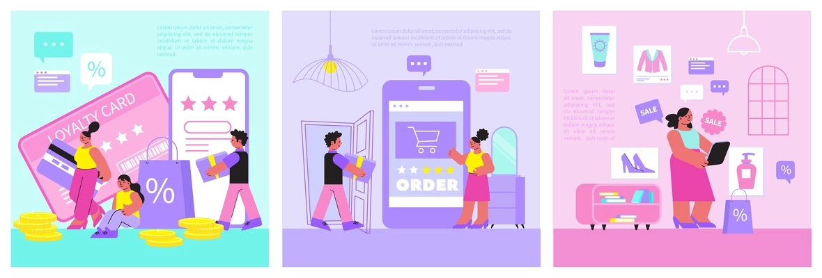 Online shopping illustrations set of loyalty program online order online delivery flat compositions vector illustration