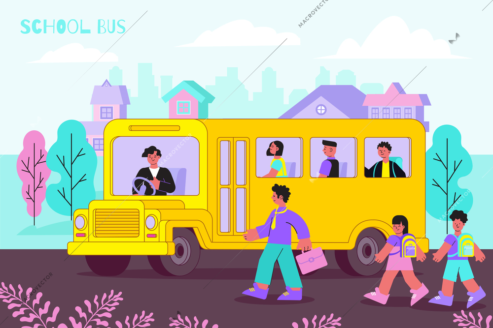 Yellow school bus takes kids schoolchildren to college funny flat composition with trees cityscape background vector illustration
