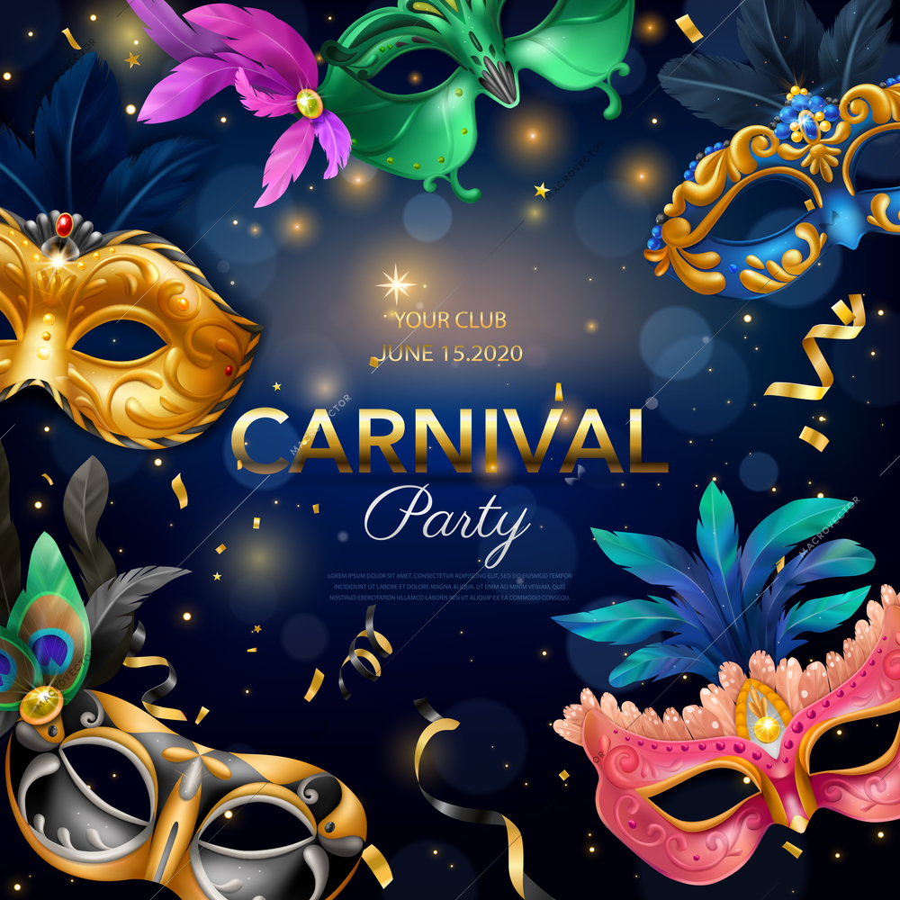 Carnival party realistic poster with masquerade event symbols vector illustration