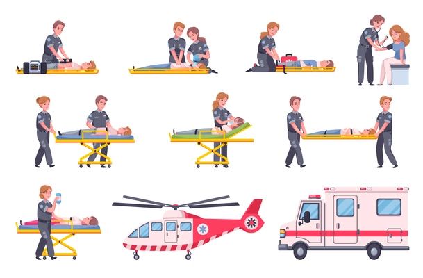 Paramedic emergency ambulance set of isolated icons and cartoon human characters of doctors victims and vehicles vector illustration