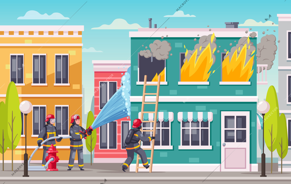 Firefighters cartoon composition of urban landscape with modern architecture and burning house with group of firemen vector illustration