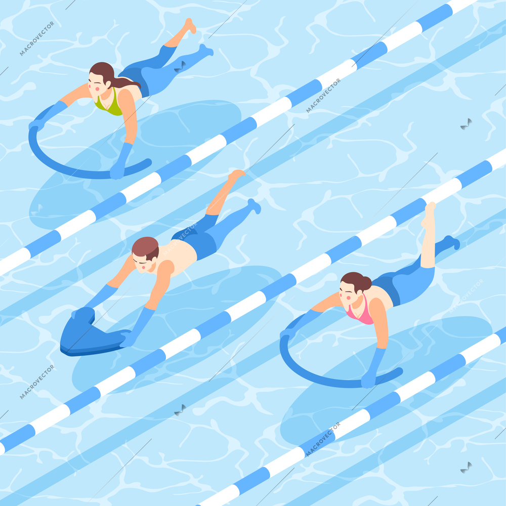 People learning to swim with aid in pool isometric background 3d vector illustration