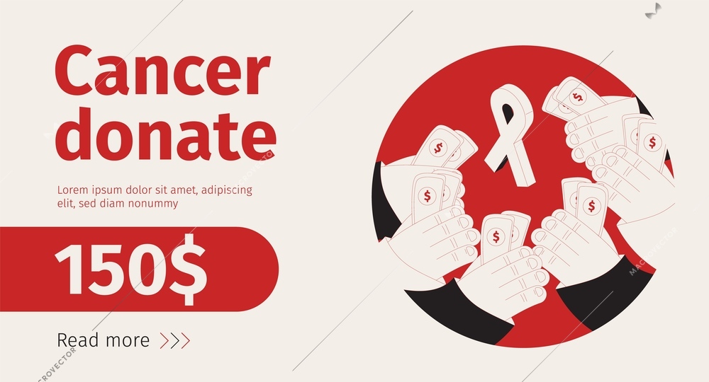 Cancer donate isometric banner with editable text read more button and human hands holding money banknotes vector illustration