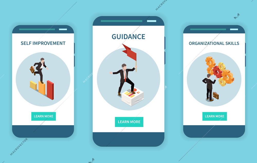 Set with three vertical banners with leadership concept isometric images human characters and learn more buttons vector illustration