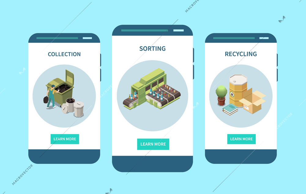 Waste sorting bins garbage collecting recycling 3 isometric smartphone screens compositions mobile app designs vector illustration