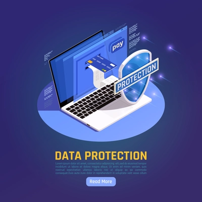 Privacy data protection gdpr isometric background with read more button and image of laptop with shield vector illustration