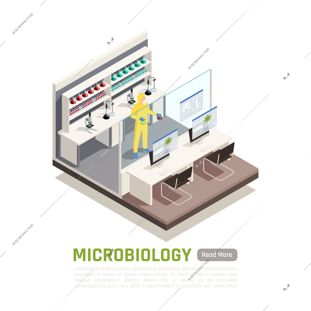 Microbiology isometric composition with scientist in protective suit holding flasks with liquid 3d vector illustration