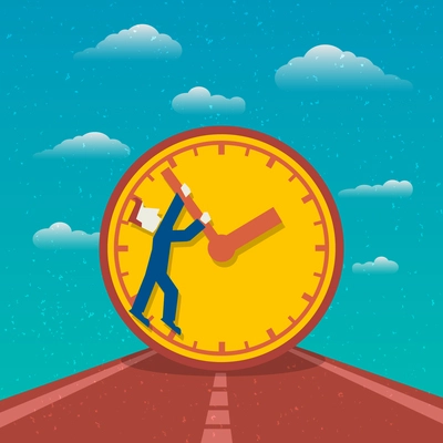 Time management day planning road to success poster with clock and man cartoon character flat vector illustration