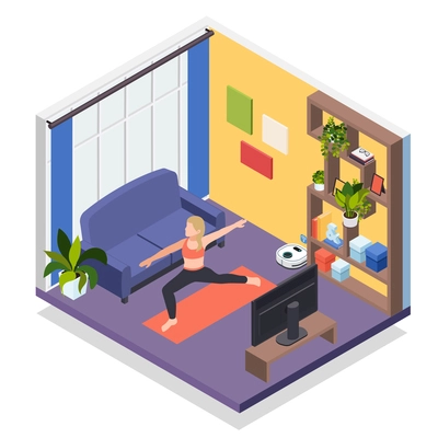 Young woman staying home isometric interior composition with quarantine indoor gym workout fitness activities vector illustration