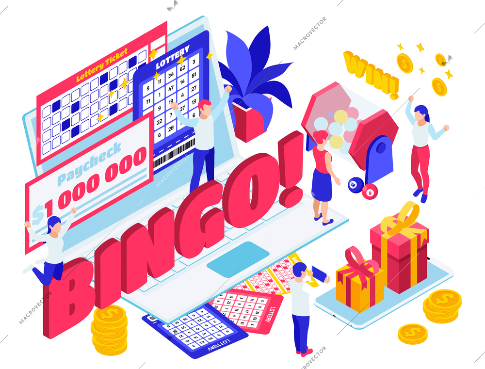 Lottery jackpot raffle ticket tumbler spinning  draw results winner million paycheck prize celebration isometric composition vector illustration