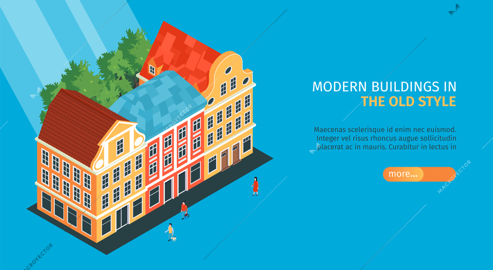 Isometric old town horizontal banner with modern buildings in the old style and more button vector illustration