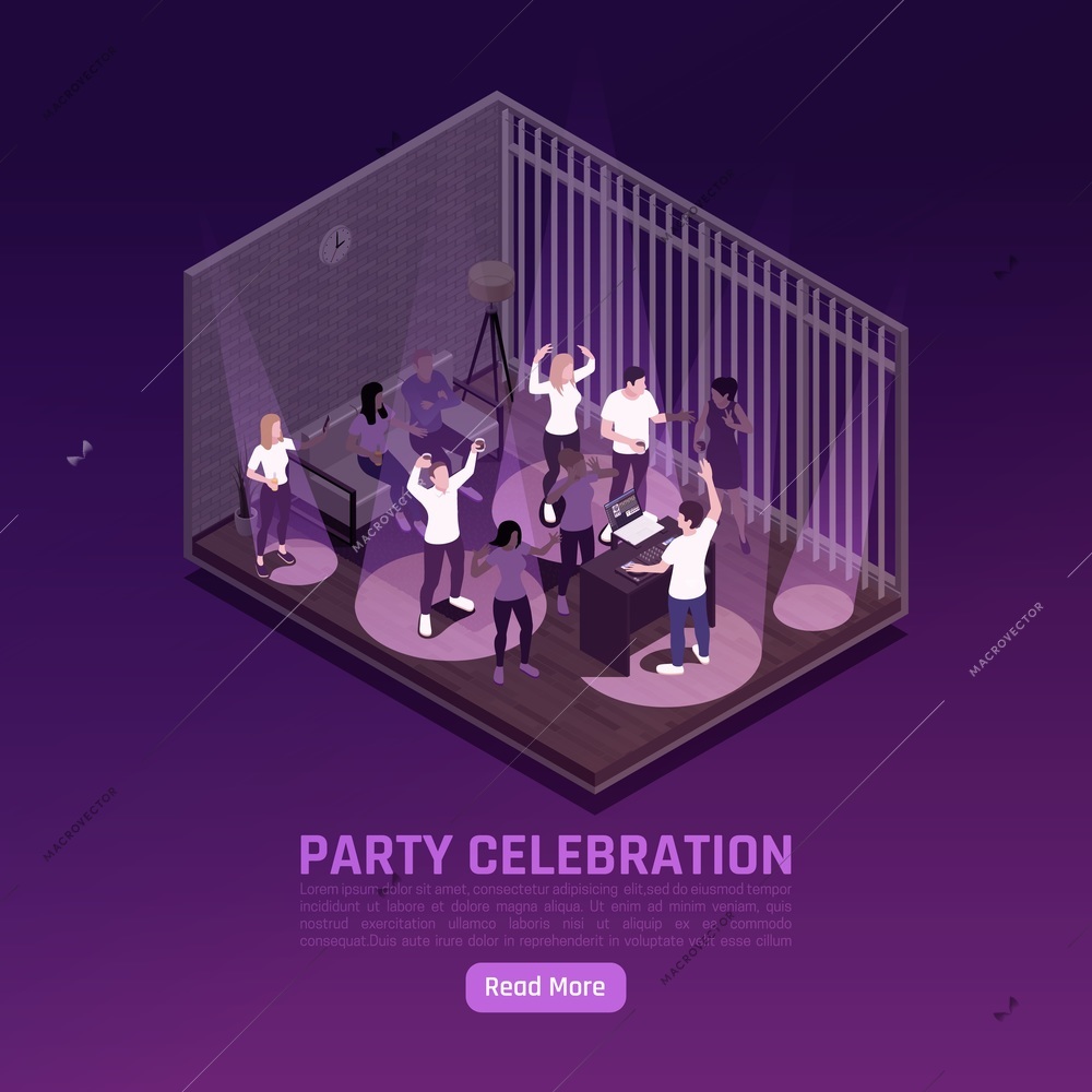 Party celebration isometric background with dancing people and disk jockey with read more button and text vector illustration